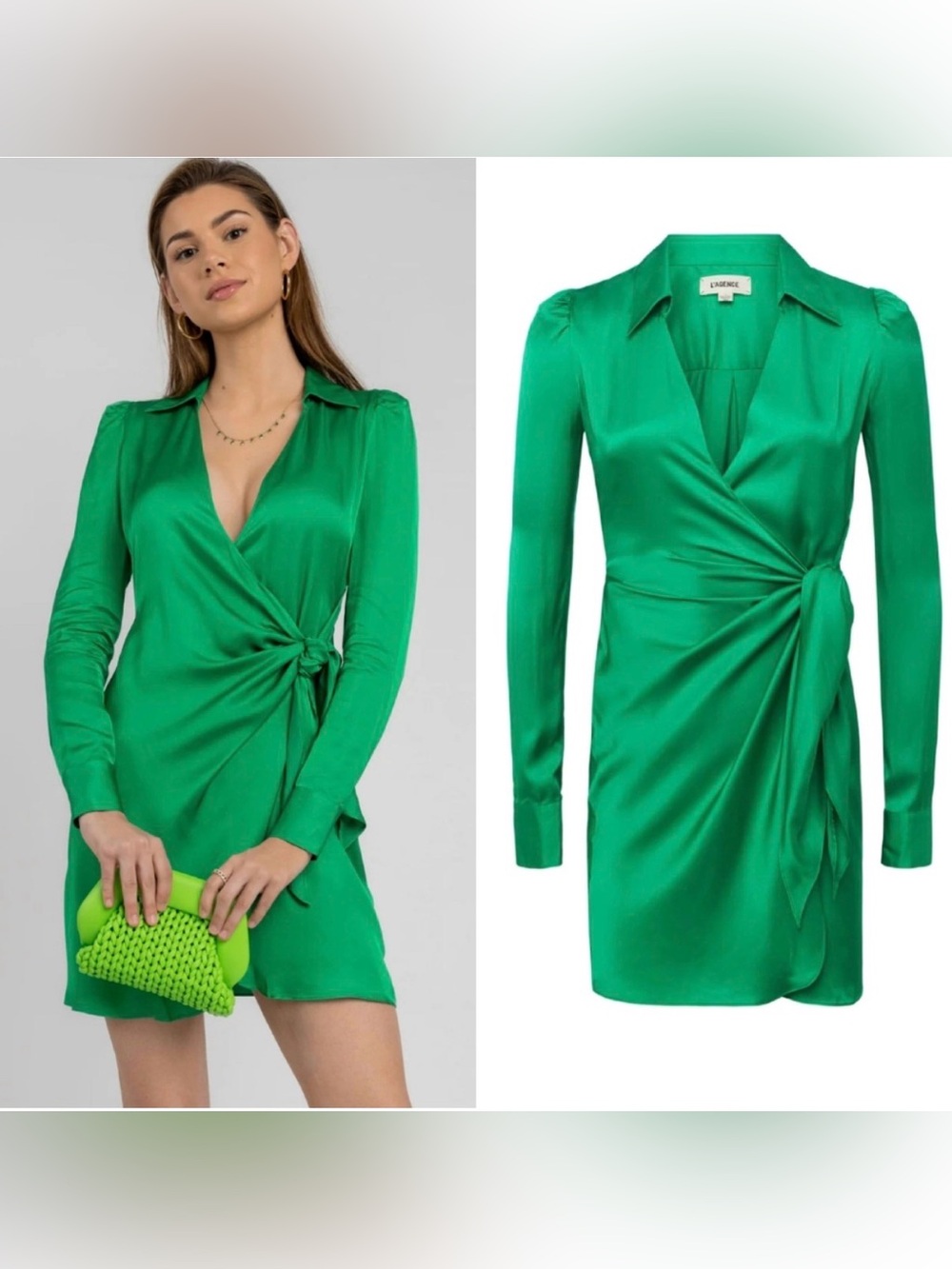 L'AGENCE‎ Amani Wrap Dress in Grass Kelly Green size 6 Long Sleeve